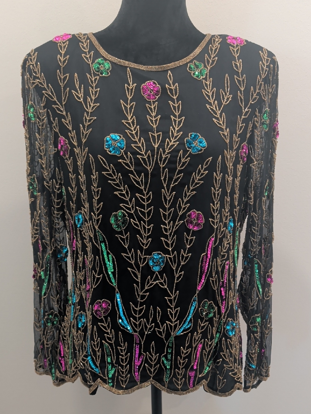 Stenay Black Long-Sleeve Beaded Floral Top with Multicolor Sequins